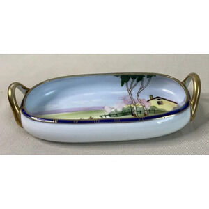 Nippon Hand Painted Double Handle‎ House Tree Floral Scene Oval Bowl Vintage